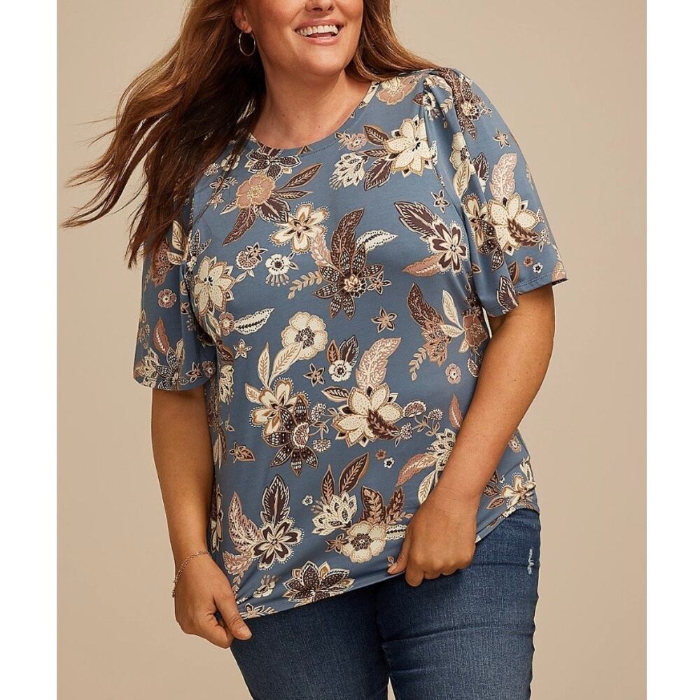 Maurices 2X Blue Autumn Floral Puff Flutter Sleeve Crewneck T-Shirt Top NWT